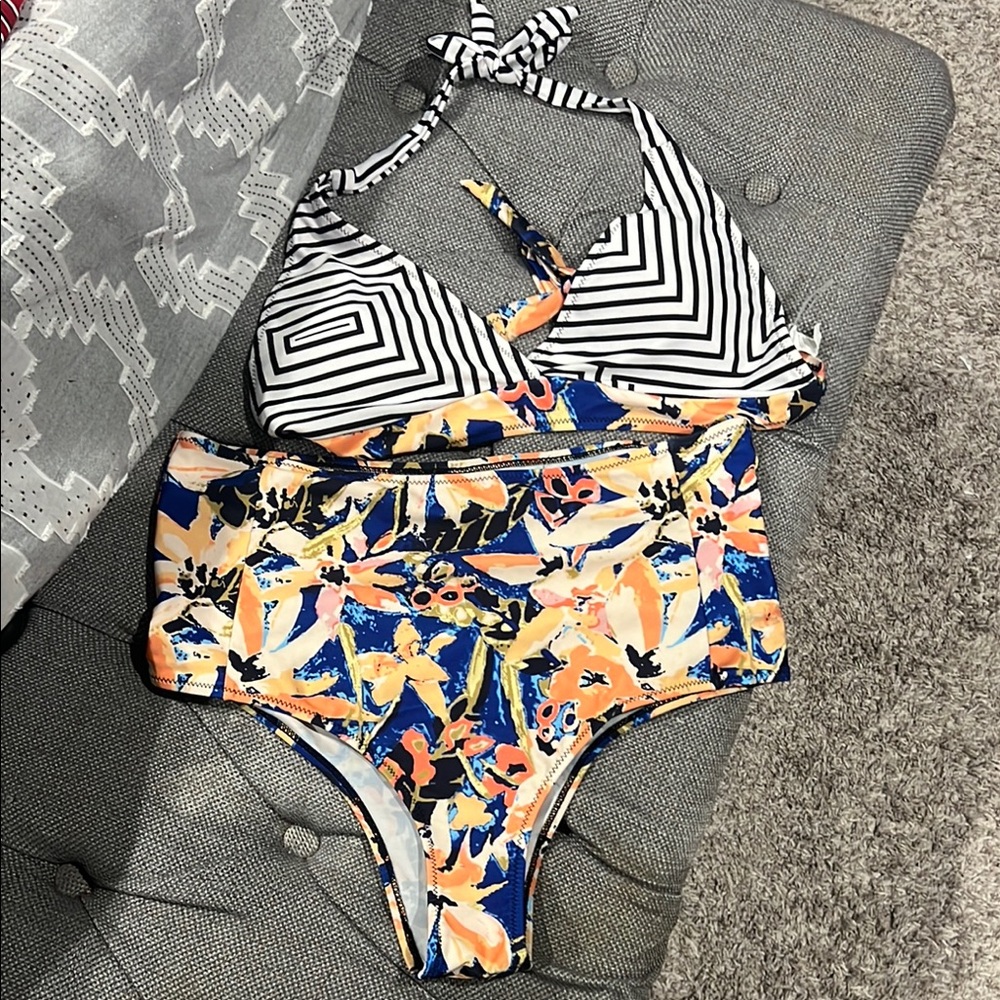 Floral, Black and White Stripped Bikini